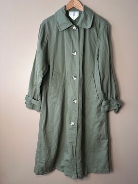 Arket Linen Cotton Blend Olive Green Long Trench Coat, Lightweight, Classic